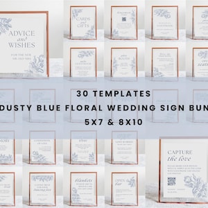 Dusty Blue Floral Wedding Sign Bundle | Light Blue Table Top Signs | Editable Wedding Set Template | French Blue Wedding Signage Bundle