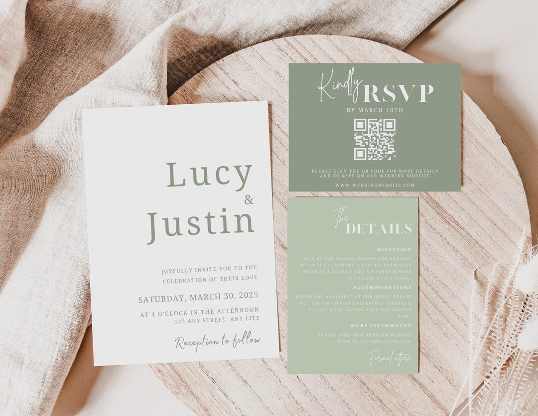 Sage Green Wedding Invitation Suite: Minimalist Template With QR Code ...