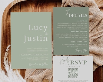 Sage Green Wedding Invitation Suite: Modern Minimalist Design (Editable Templates Bundle)