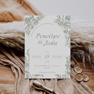 Sage Floral Wedding Invitation Template | Light Green Whimsical Arch Wedding Invitation Template | DIY Green Garden Party Wedding Templates