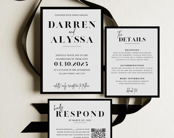 Modern Black & White Wedding Invitation Suite, Minimal Invite Set (Canva Template)