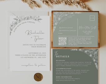 Minimal Sage Wedding Invitation Minimalist Invite Greenery Editable Template Details RSVP Card Green Floral Modern Wedding Invitation Suite