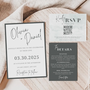 Sage Green Watercolor Wedding Invitation Template, Details, RSVP Card, Modern Minimal Wedding Stationary Templates