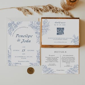 Dusty Blue Floral Wedding Invitation Suite, Arch Template (Printable)