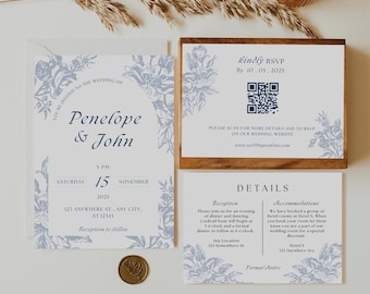 Puede incluir: Un conjunto de invitaciones de boda con un diseño floral azul. La tarjeta de invitación presenta los nombres Penelope y John, la fecha sábado 15 de noviembre de 2025 y la hora 5 PM. La tarjeta RSVP incluye un código QR y el texto "kindly RSVP by 10.05.2025". La tarjeta de detalles incluye información sobre la recepción, el alojamiento y el atuendo formal.