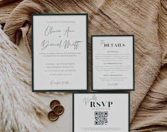 Dark Green Wedding Invitation Suite Template: Elegant Romantic Announcement (DIY Editable)