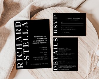 Minimalist Black Wedding Invitation Suite: Editable RSVP (Digital Download)