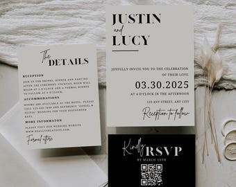 Beige and Black Wedding Invitation Suite Template | Black and White Wedding | Fully Editable Canva Templates | Minimal Modern Wedding Invite