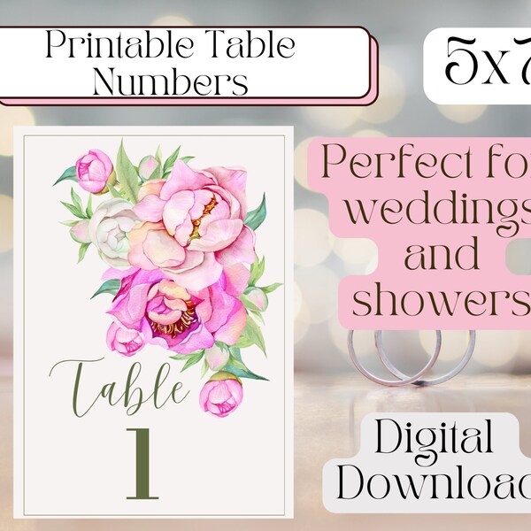 Instant Download -Hot Pink Peony Table Numbers Printable- 5x7 .PDF Wedding Table Numbers 1-30 Included