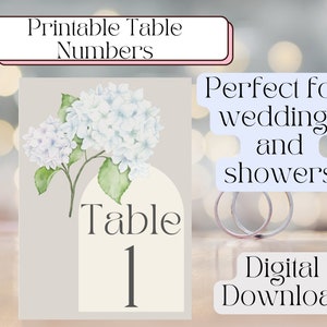 May include: Printable table number card featuring a watercolour illustration of white hydrangeas on a beige background. The card displays the text "Table 1" in a grey font. The text "Perfect for weddings and showers" and "Digital Download" are also visible in the image.
