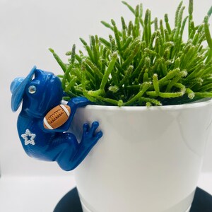 May include: A blue frog figurine wearing a blue hat and holding a brown and white football, featuring a white star accent on its side, attached to the rim of a white ceramic planter containing a green succulent plant with thin stems.