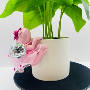 May include: A light pink frog figurine wearing a small pink hat and a pink tulle skirt with star-shaped sequins. The frog has a silver disco ball attached to its back and is positioned to hang onto the rim of a plain, light-colored cylindrical plant pot.