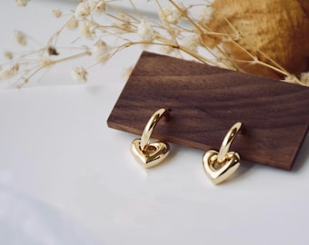 Detachable Heart Charm Clip On Earrings-14K Gold/Silver Delicate Hoop Earrings-New Pain Free Clip Coil Design-Non Pierced Ears-Gift For Her