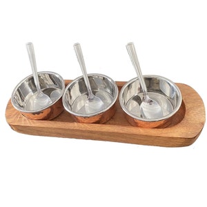 Copper Chutney Tray with Solid Wood Base Stainless Steel Copper 3 Pot Relish Indian Pickle Hammered 7 pcs Set Restaurant Condiment Serving