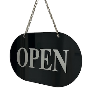 Open Closed Door Sign With Chain & Suction Rigid 3mm Black Silver Gold Opening Hanging Notice