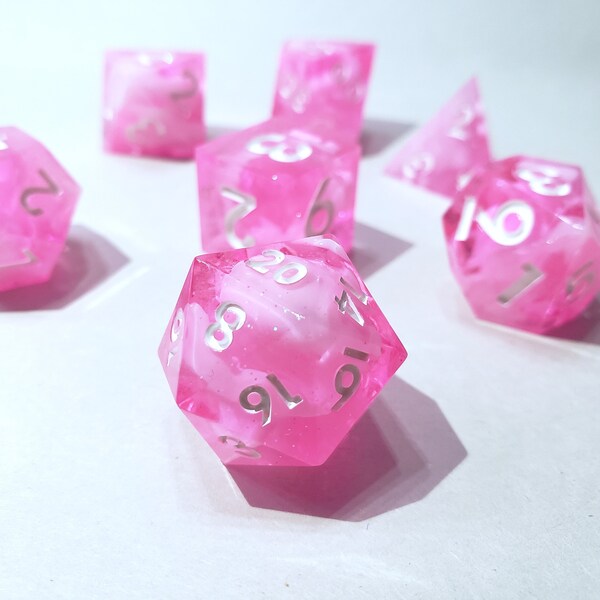 Pretty in Pink Dice Set for Dungeons and Dragons and other TTRPGs | Rose Pink Resin Shimmering with White Resin Clouds and Glitter Flakes!