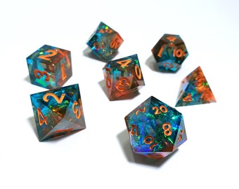 Dark Nebula Dice - Dice Set for DND, TRPG Sharp Edge Dice Full Set, Turquoise and Orange Resin Shimmering with Glitter and Reflective Foil!