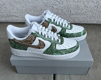 Hand Painted Custom Air Force 1 Sneakers - Green Abstract Design, Unique Shoes, Customizable, Personalized Gift