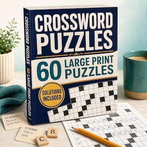 Puede incluir: Un libro titulado Crossword Puzzles con 60 Large Print Puzzles, con una cubierta azul oscuro con texto en blanco y verde azulado, un círculo amarillo que dice Solutions Included y un gráfico de un crucigrama con palabras como Calm, Focus, Relax, Enjoy.