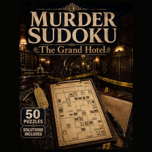 Puede incluir: Una portada de libro de acertijos Murder Sudoku The Grand Hotel con un fondo de vestíbulo de hotel oscuro, cinta amarilla de escena del crimen, una llave de habitación de latón marcada 217, un portapapeles con un plano y 50 Puzzles Solutions Included.