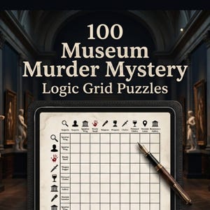 Puede incluir: Un libro titulado 100 Museum Murder Mystery Logic Grid Puzzles que muestra una cuadrícula con iconos de sospechosos, armas y lugares. Una pluma estilográfica con cuerpo negro y veteado de madera descansa en diagonal sobre la página.
