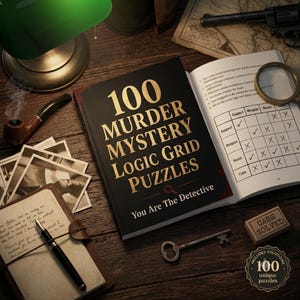 100 Mordmysterie-rutnätspussel - Hitta mördaren, vapnet, tiden och motivet - Omedelbar nedladdning