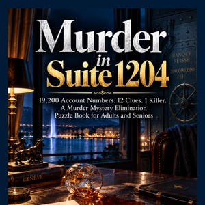 Könnte beinhalten: Ein Buchcover mit dem Titel Murder in Suite 1204 und dem Text 19,200 Account Numbers. 12 Clues. 1 Killer. A Murder Mystery Elimination Puzzle Book for Adults and Seniors. Der Hintergrund zeigt einen dunklen Raum mit Blick auf einen Stadtsee.