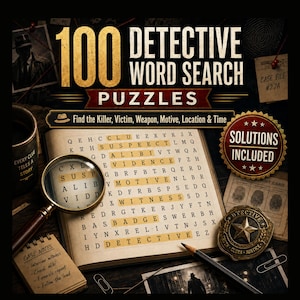 Pode incluir: Um livro de 100 Detective Word Search Puzzles com uma lupa sobre uma grade com palavras destacadas como suspect, alibi, evidence, motive, witness, badge e detective. Inclui um distintivo de detetive, notas de caso e selo de soluções.