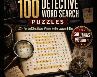 May include: A 100 Detective Word Search Puzzles book featuring a magnifying glass over a grid with highlighted words like suspect, alibi, evidence, motive, witness, badge, and detective. Includes a detective badge, case notes, and solution seal.