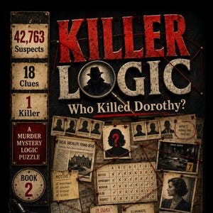 Puede incluir: Una caja de juego de misterio Killer Logic con el título Who Killed Dorothy?, una lupa, hilo rojo, fotos de sospechosos, una cuadrícula lógica y texto que indica 42,763 sospechosos, 18 pistas y 1 asesino en un diseño oscuro.