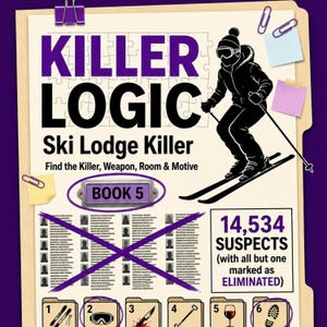 Op de afbeelding: Een spelblad getiteld Killer Logic Ski Lodge Killer met een illustratie van een skiër, de tekst 14.534 SUSPECTS en een lijst met verdachten doorgestreept met een paarse X. Het blad bevat een BOOK 5 label en genummerde iconen voor spelitems.