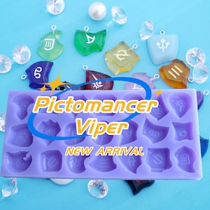 May include: A purple silicone mould with 15 different shapes for making resin charms. The mould is labelled "Pictomancer Viper" and "NEW ARRIVAL". There are several finished resin charms scattered around the mould.