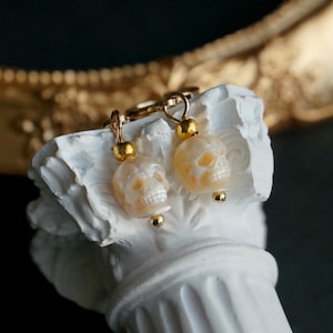 Natural Pearl Skull Hoop Earrings• Hand-carved Pearl Skull