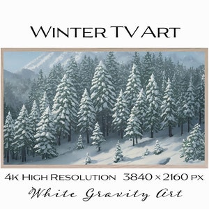 Verschneite grüne Kiefern Rahmen TV Kunst | Winterwald Gemälde | Fernsehen Kunstwerk Download | 4K Ultra High Resolution | 16:9 | 3840 x 2160