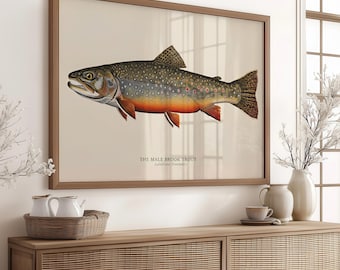 Impresión descargable de peces de Cottage Core Decor _ Dibujo de trucha vintage _ Idea de regalo para amantes de la pesca _ Arte mural de peces de diseño personalizado