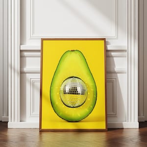 Printable Wall Art, Avocado Disco Ball Maximalist Painting, Dopamine Dining Room Preppy Food Poster, Vivid Mirror Ball Girly Kitchen Print