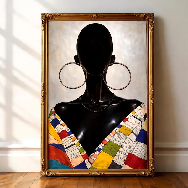 Black Women Fashion Wall Art Print, Bold Silhouette Hoop Earrings Patchwork Drape Afrocentric Decor, Digital Download