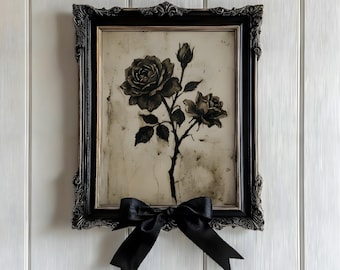 Stampa gotica con rosa nera / Arte murale floreale vintage / Decorazione accademica oscura / Stampa floreale antica per camera da letto e soggiorno (download digitale)