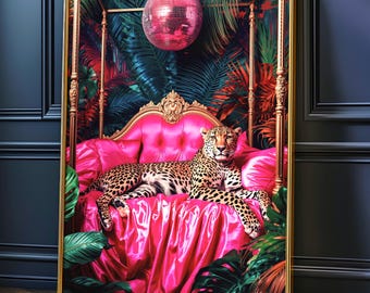 Guepardo durmiendo bajo una bola de discoteca - Estampado de guepardo rosa - Arte mural bohemio maximalista - Decoración de sala de estar con guepardo - Estampado animal divertido