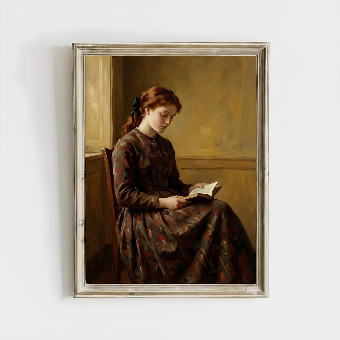 Vintage Woman Reading Oil Painting Wall Art Print | Moody Victorian ...