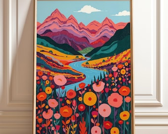 Colorful Mountain Landscape Art Print | Abstract Floral Wall Art | Bold Scenic Poster | Nature Inspired Living Room Decor | Digital Download