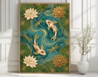Elegant Koi Fish Wall Art Print: Emerald Green Pond Zen Decor, Japanese Painting, Gold Lotus Dragonflies, Feng Shui Poster Digital Download