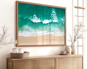 Beachy Wave Print, Coastal Horizontal Photography, Aerial Turquoise Ocean Water Digital Poster, Printable Wall Art