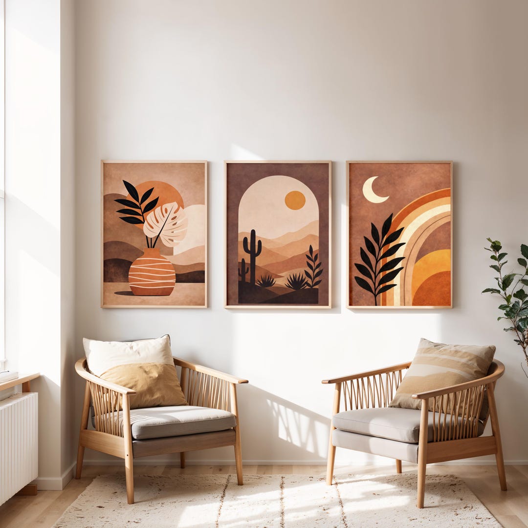 Neutral Boho Wall Art Print Set of 3, Beige Boho Wall Prints, Mid ...