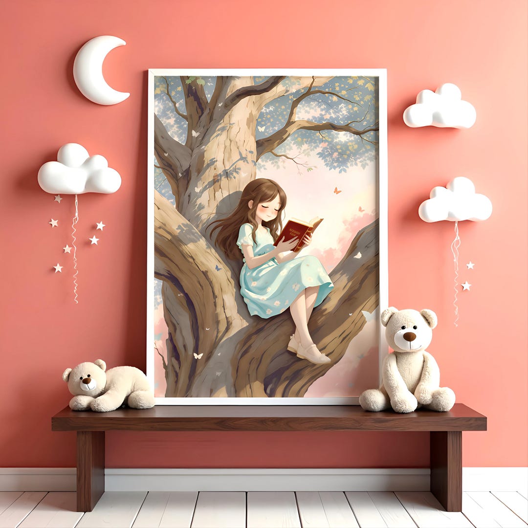 Whimsy Reading Girl Reading in Tree Art Print: Whimsical Storybook Decor (digital ...