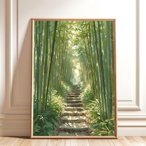 Akvarell bambuskogstryck: Lugn zenstigskonst (digital nedladdning)