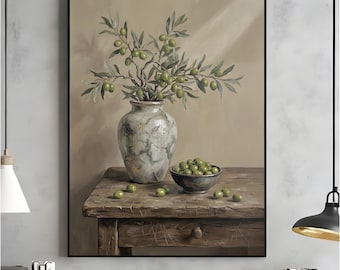 Olive Tree Still Life Printable Wall Art, Vintage Botanical Painting, Mediterranean Organic Decor, Modern Vertical Digital Download