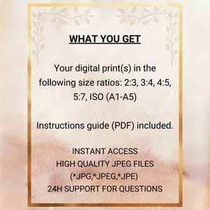 Puede incluir: Anuncio de impresi&oacute;n digital con borde dorado y fondo de acuarela. El texto incluye "WHAT YOU GET", proporciones de tama&ntilde;o, instrucciones en PDF, acceso instant&aacute;neo y archivos JPEG de alta calidad.