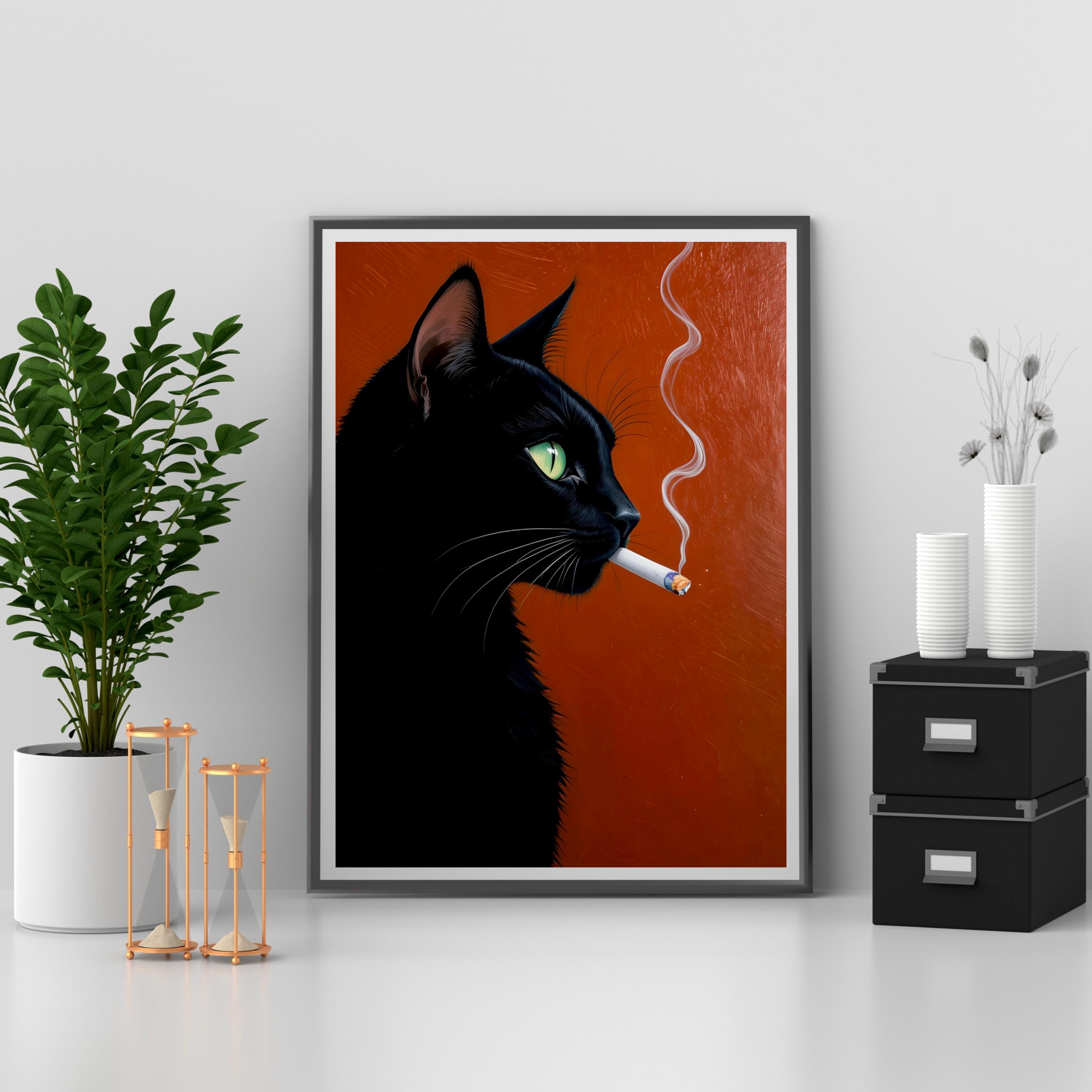 black cat smoking cigarette Vintage Wall Art, Retro Whimsical Funny Animal Print, Quirky Decor for Bar, Kitchen & Home (digital Download) Black Cat Smoking Cigarette Low