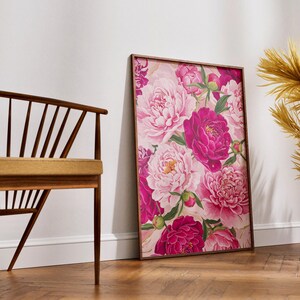 Rosa pioner-tryck, modern färgglad pionkonst, abstrakt sommarblommaposter, stor utskrivbar väggkonst, djärv blommig botanisk dekor bild 3